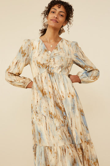 HY8762 Taupe Womens Oil Print Long Sleeve Gathered Bust Dress Gif